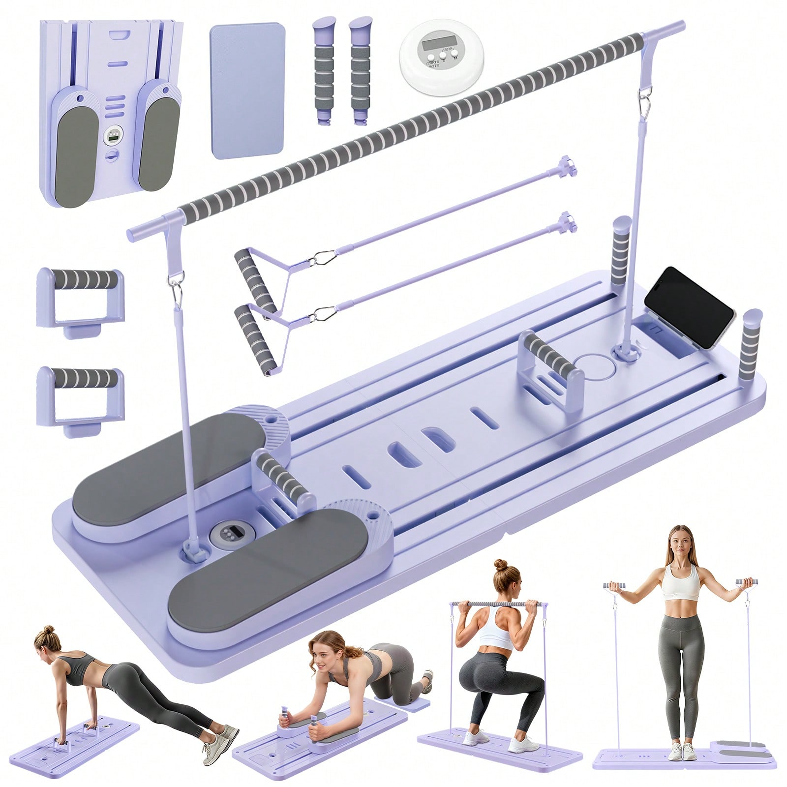 Fitness Equipment - バー付きピラティスリフォーマー、スマホホルダー付きピラティスボード、多目的折りたたみ式ピラティスリフォーマーマシン、コア＆腹部トレーニング用ピラティススカルプティングマシン、自宅トレーニング用ポータブルホームピラティススライダーボード、フィットネス、エクササイズ、腹筋トレーニング用