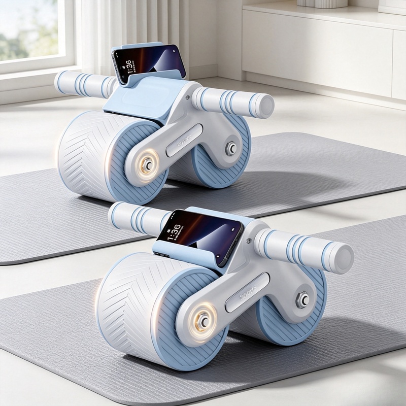 Ab Roller Wheel With Elbow Support - 自動リバウンド機能付きダブルホイール腹筋ローラー（スマホホルダー付き）、初心者向け滑り止めホームコアトレーニング器具