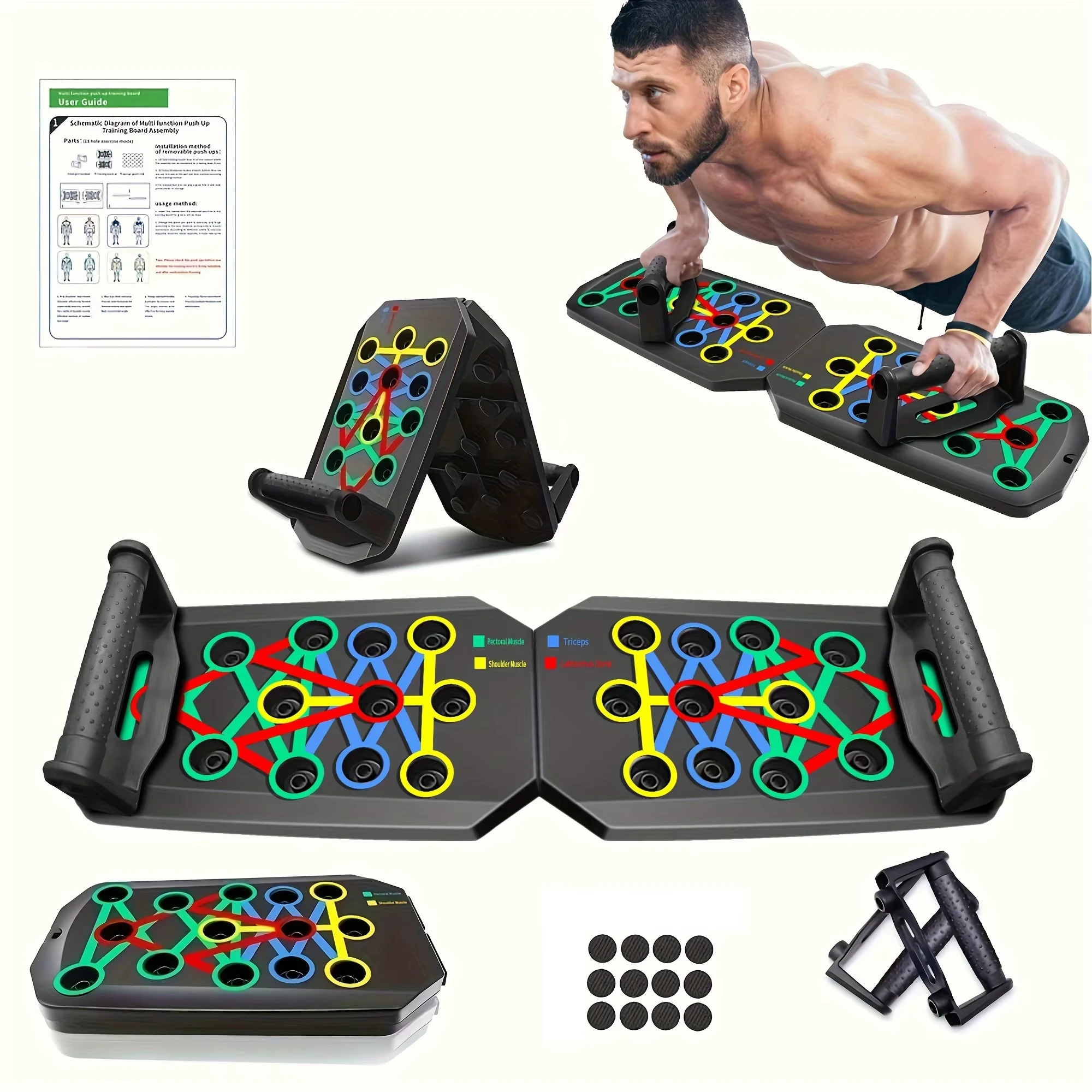Push Up Board Foldable Multi Function - 1個入り、折りたたみ式多機能プッシュアップボードセット。ハンドル付きで、持ち運び可能。胸、腹、腕、背中のトレーニングに最適。