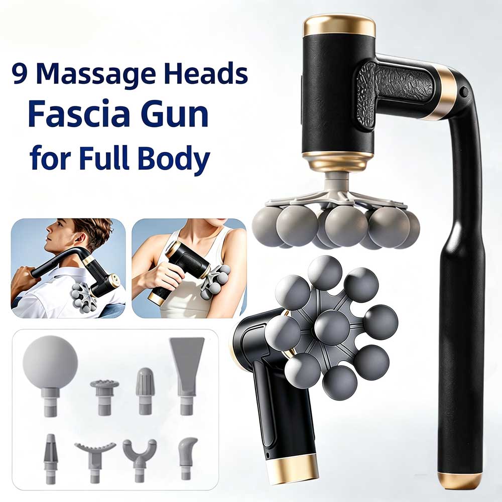 Electric Massage Gun Deep Tissue - 2-in-1ロング＆ショートハンドル筋膜マッサージガン、コードレス深部組織マッサージガン、9種類のヘッド付き、強力なパーカッションマッサージャー、筋肉リラックス用