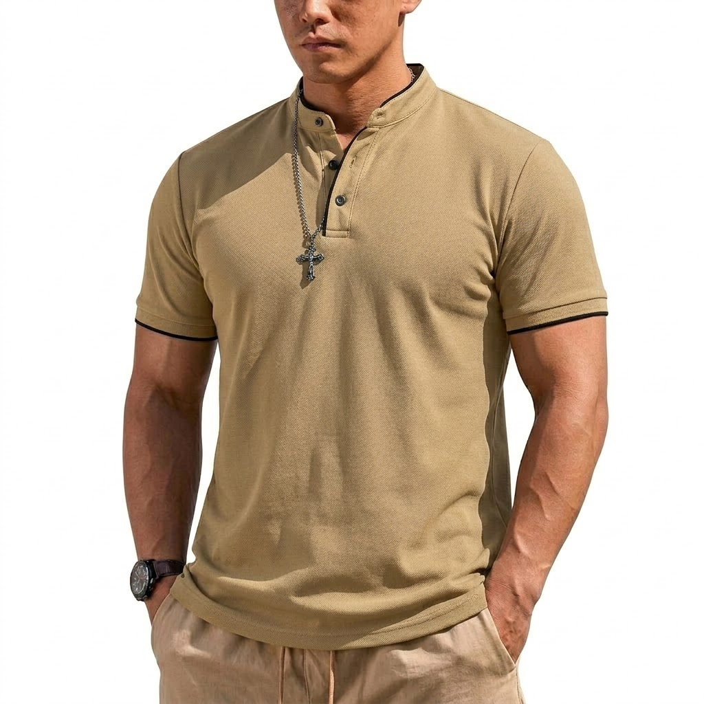 夏半袖ヘンリーシャツ男性ボタンポロシャツクラシック襟なし T - Hiking のレビューと価格
